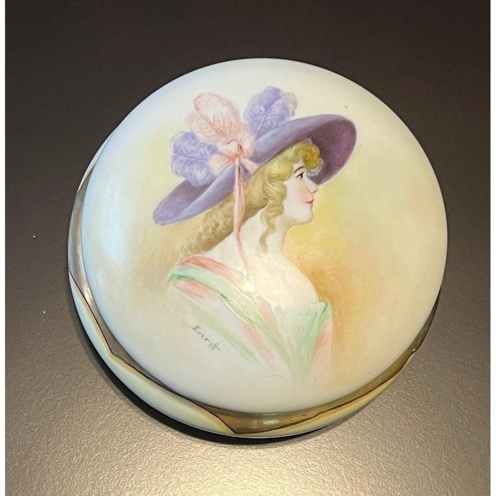 Antique Limoges Hand Painted Victorian Lady Powder Trinket Box 4.5" Signed READ